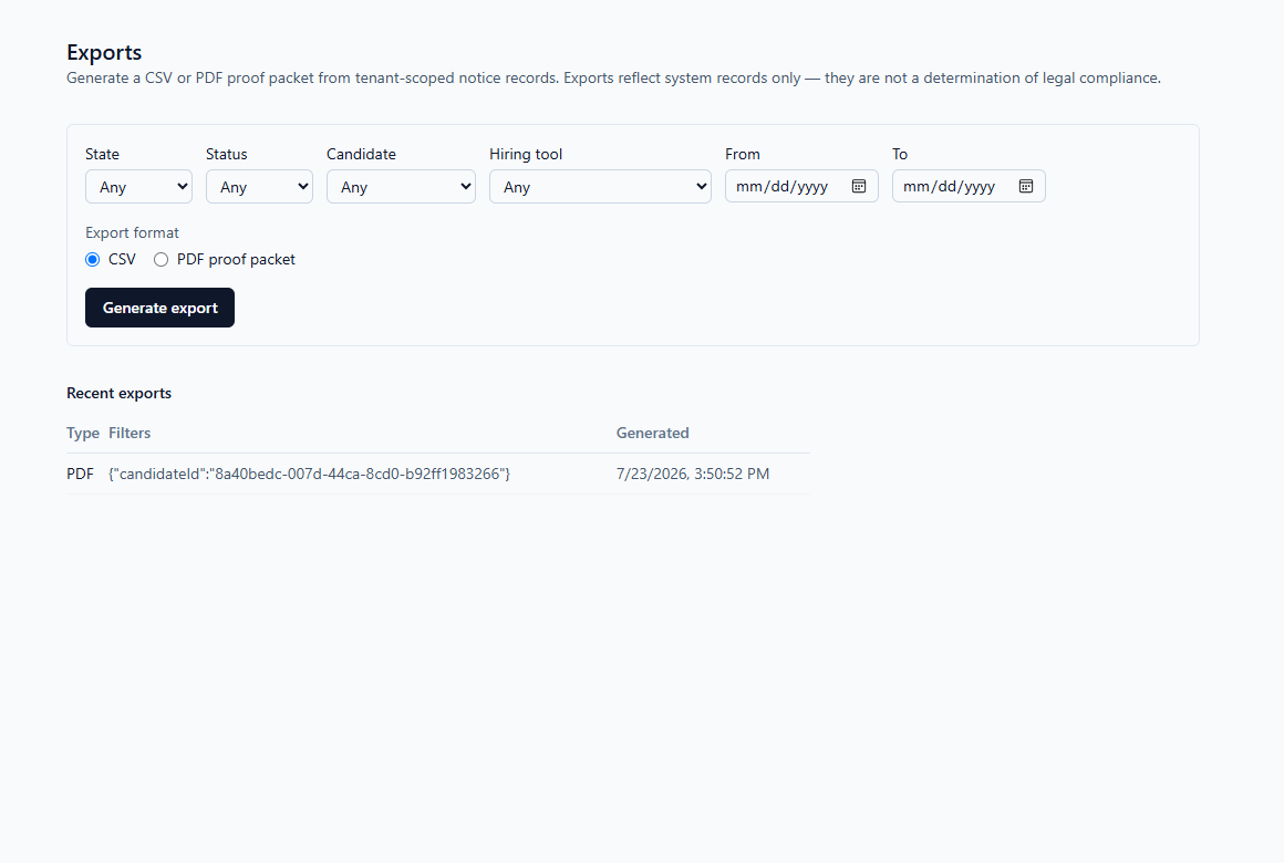 Evidence-export screen showing PDF and CSV export choices and a recent fictional PDF export.